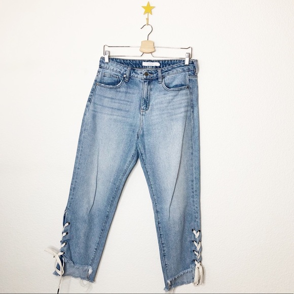 Hidden Light Wash Straight Leg Ankle Tie Boyfriend Jeans - Picture 1 of 6